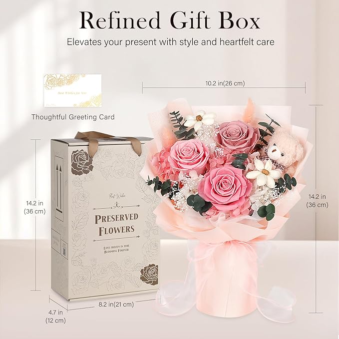 Preserved Flowers Bouquet with Bear, 3 Real Forever Flowers for Delivery, Long-Lasting Pink Eteranl Roses Bouquet, Mothers Day Gifts for Mom Grandma, Anniversary Birthday Gifts for Women Girlfriend