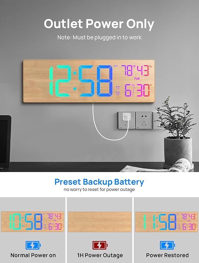 2026 Upgrade 18.5" Large Digital Wall Clock with Remote Control, Big LED Display Digital Clocks with Night Light, Alarm, Countdown, DST, Temp for Parlor, Bedroom, Office, Gifts for Seniors(Light Wood)