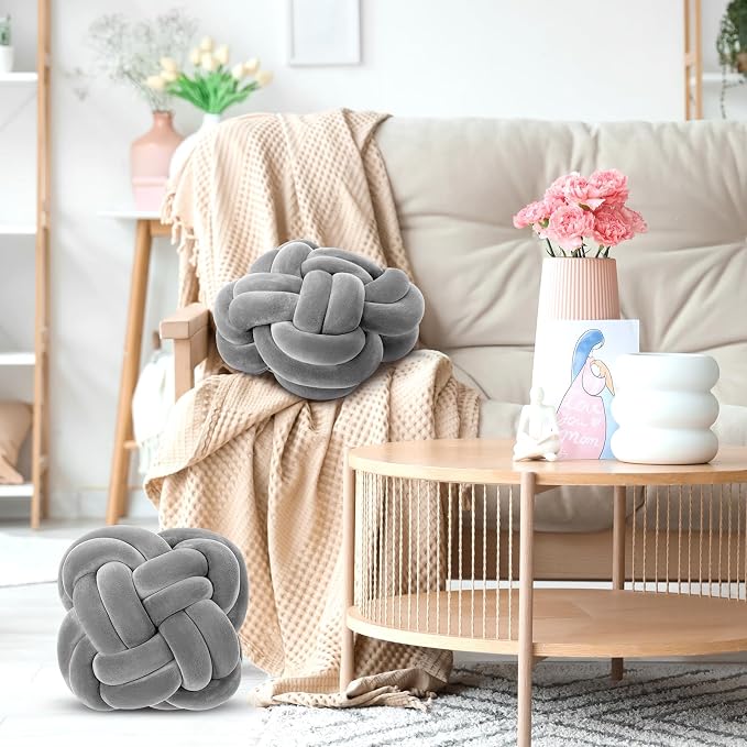 Beeveer 2 Pcs Knot Pillow Balls Set, 12 Inch Soft Decorative Throw Knot Pillow Ball, Large Square Knotted Floor Cushion for Living Room Bedroom Sofa Couch Bed Home Decoration(Light Gray)