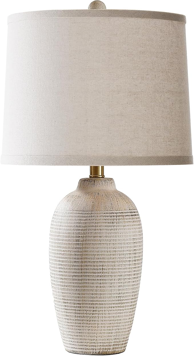 AIEAMPDO 25" Vintage Ceramic Table Lamp for Bedroom Living Room | Bedside Lamp with Linen Drum Shade, Neutral Modern Farmhouse Rustic Desk Lamp for Nightstand End Table, Bulb Included