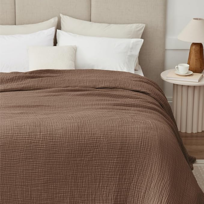 100% Cotton Muslin Blanket Large 50"x 70", Breathable and Lightweight Cotton Throw Blanket for Bed and Couch, Soft Cooling Summer Gauze Blanket for Adults All Season, Linen Brown