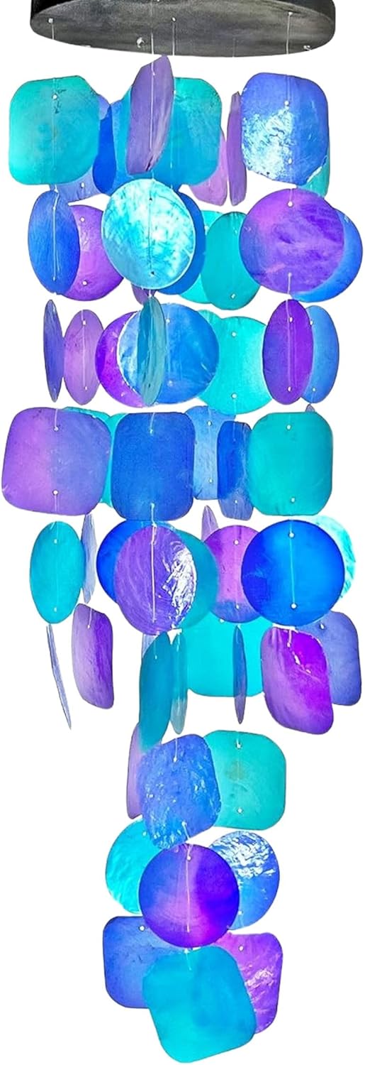 Bellaa 20414 Wind Chimes Outdoor, Garden Decorations, Musical, Indoor/Outside Windchimes, Beach, Ocean Breeze, Gifts for Mom, Gift for All Occasions, Capiz Sea Glass Shells Wood Purple 27 inch