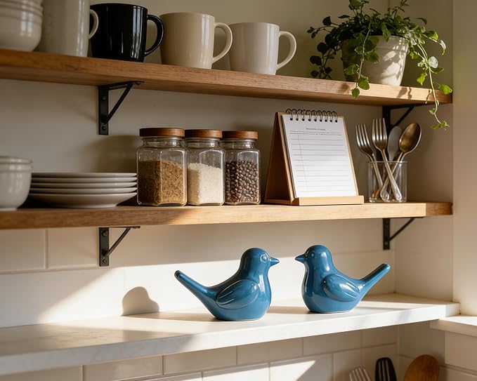 Small Blue Bird Statue Ceramic 2-Piece Set, 3¾ inch Cute Knick Knack for Home Office Shelf Desk Decor