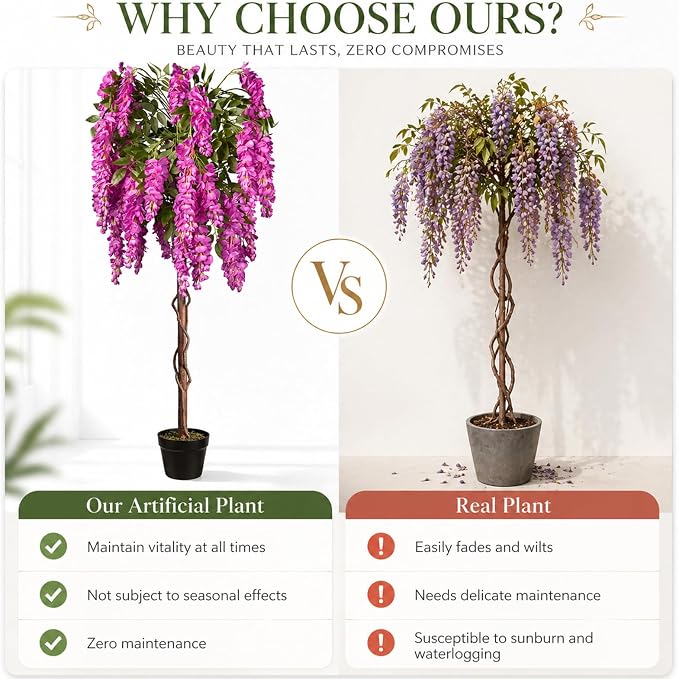 5ft Artificial Wisteria Tree, Fake Tree with Firmly Attached Blooms for Less Shedding, Faux Trees Indoor Outdoor Home Office Living Room Decor, Potted Floor Plant
