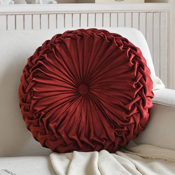 Teieas Round Pillows Velvet Pleated Circle Pillow Chair Cushion Floor Pillows Home Decorations for Home Couch Chair Bed Car Burgundy