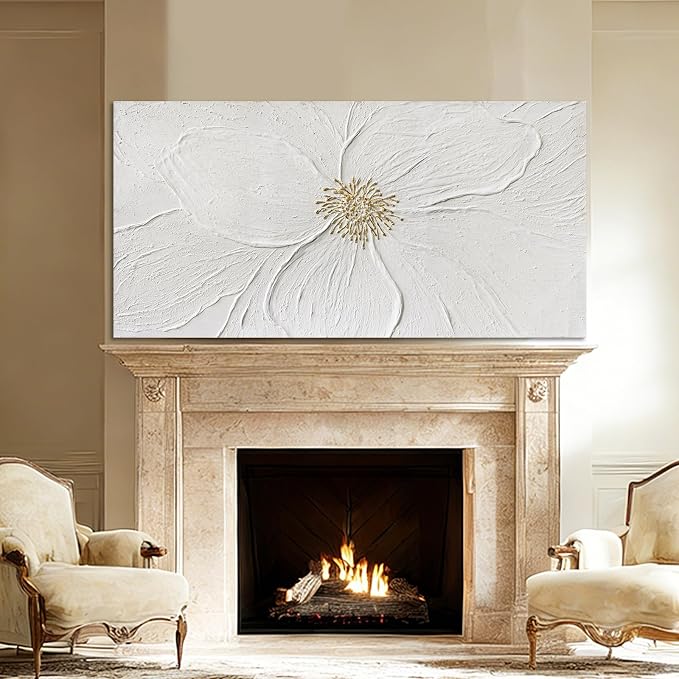 Elegant Floral Abstract Wall Art, Hand Painted Textured Canvas in Soft Ivory and Warm Neutral Tones with Subtle Gold Detail, Modern Wall Decor for Living Room or Bedroom, Ready to Hang, 24×48 Inch