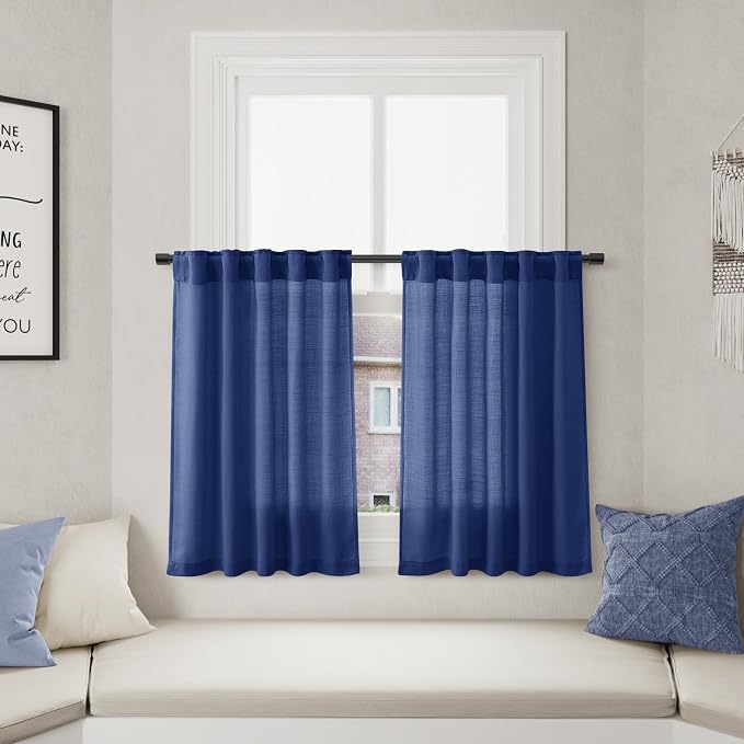 Classic Blue Linen Cafe Kitchen Curtains 30 Inch Length Linen Blend Semi Sheer Light Filtering Short Curtain Back Tab Rod Pocket for Over Sink Window Scandinavian Bathroom Laundry 2 Panels 36Wx30L