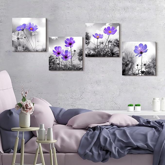 wall art for living room Black and White purple flower Big Canvas Prints Wall Decor Artwork 16" x 16" 4 Pieces Framed Black Border Ready to Hang for bedroom kitchen Home Decoration with office