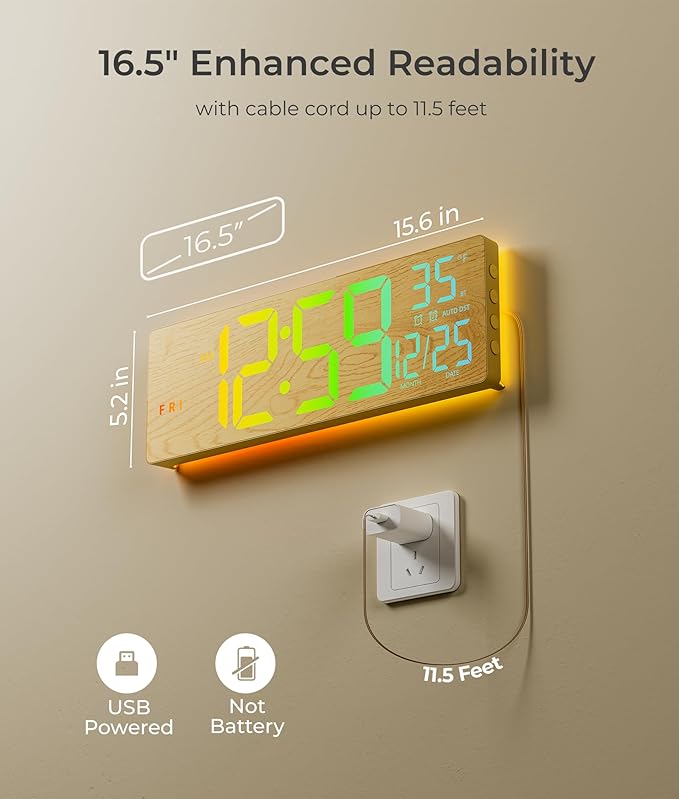 EASYERA 16.5" Large Digital Wall Clock with BT Sync, Wood Grain Clock with 11 RGB Light Scenes, Remote Control, Dual Alarms with Big LED Display, Auto DST, Temperature for Classroom Gaming