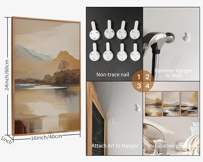Tinonedraw Beige Abstract Mountain Framed Canvas Wall Art, Mid Century Modern Wall Decor, Rustic Golden Hour Lake Artwork, Neutral Nature Landscape Art Paintings for Living Room Bedroom 16"x24"x3