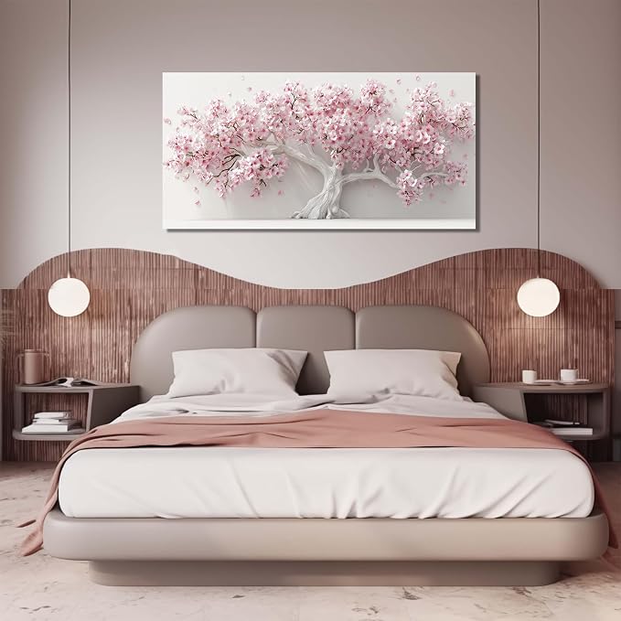 AOZEMI Pink Wall Art for Living Room Bedroom Home Office Large Tree Wall Decor Flower Pictures Art White Artwork Modern Floral Canvas 24"x 48"
