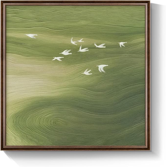 Vintage Framed Green Abstract Wall Art, Modern Minimalist Sage Green Canvas Prints Artwork for Walls, Rustic Square Birds Pictures for Living Room Bedroom Dining Room Bathroom Wall Decor, 24x24 In