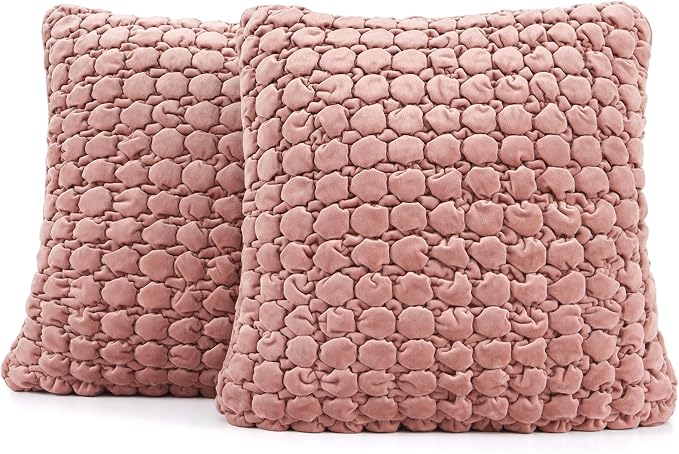 Throw Pillow Covers 18x18 Set of 2 Velvet Square Pillowcase Soft Skin-Friendly Thickened Decorative Farmhouse Cushion Covers Soft Bubble Texture for Couch Sofa Bedroom Living Room,Pink