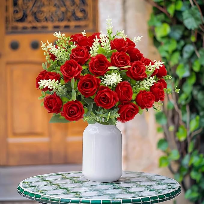 TURNMEON 40 Heads Fake Roses Artificial Flowers for Outdoors Summer Decor, 4 Bouquets UV Resistant Fake Flower Bouquet Faux Silk Roses for Wedding Birthday Party Home Mother's Day Cemetery Decor(Red)