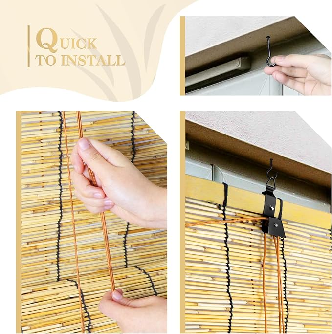Bamboo Roll Up Shades 2 Pack, Reed Roller Blinds 47" W x 71" H, Natural Light Filtering Window Blinds for Indoor Outdoor Patio Porch Garden
