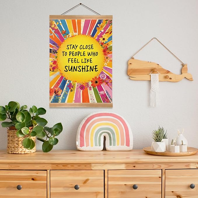 ZTGDA Inspirational Wall Art Posters,Sunshine Quote Canvas Print with Wooden Hanger,Rainbow Floral Boho Wall Decor,Positive Poster for Office,Teen Girls Room,Classroom,Nursery 12x16inch