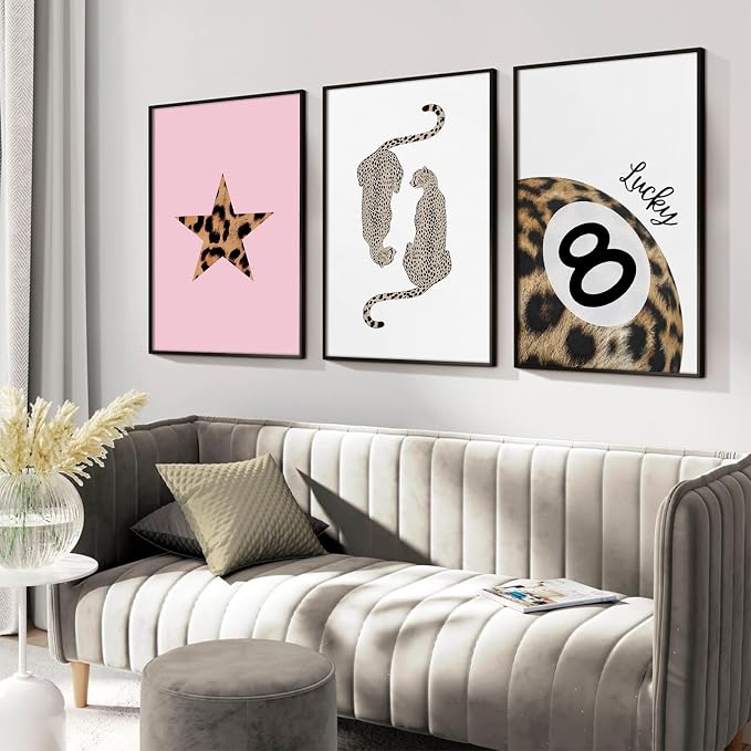 Leopard Wall Art Cheetah Canvas Prints Lucky 8 Ball Wall Decor Fashion Leopard Poster Aesthetic Pictures Trendy Cheetah Painting Preppy Artwork for Living Room Bedroom 16x24 Inch Unframed Set of 3