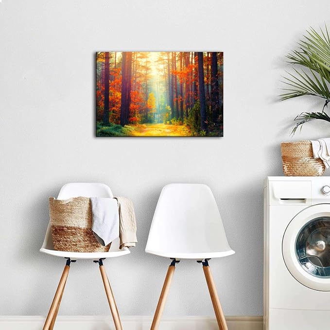Fall Pictures Wall Decor for Living Room Bedroom Panorama Autumn Forest Wall Art Nature Landscape Sunset Scene Canvas Prints Fall Orange Birch Trees Paintings Modern Artwork Home Decorations 16x24”
