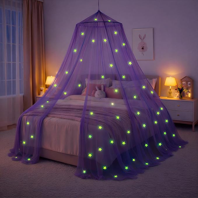 Bollepo Purple Bed Canopy for Girls with Glowing Stars - Princess Netting Room Decor, Ceiling Tent to Cover Toddler | Single, Twin, Full, Queen Size Kids Bed, Fire Retardant Fabric