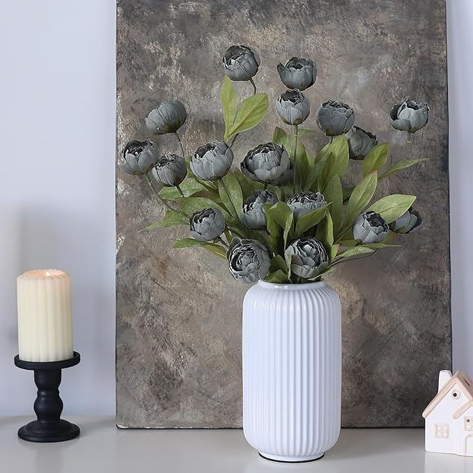 VIERENA 12 Pcs Faux Silk Peony Artificial Flowers for Vase -27", Bulk Fake Peonies Branches with Stems for DIY Bouquet Centerpieces Wedding Fillers Arrangements Shower Decorations (Dark Gray)