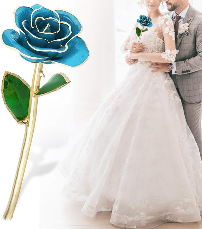 Blue Rose with Stand, Forever Preserved Gold Dipped Rose Flower for Wife Mother Girlfriend, Blue Rose with Stand