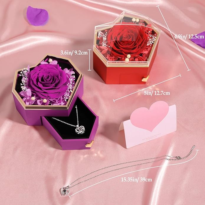 Emibele Preserved Rose Gifts for Women, Eternal Flower Rose Box with Heart Necklace, Romantic I Love You Gifts for Women Her Wife Mom Grandma on Valentines Mothers Day Birthday Anniversary