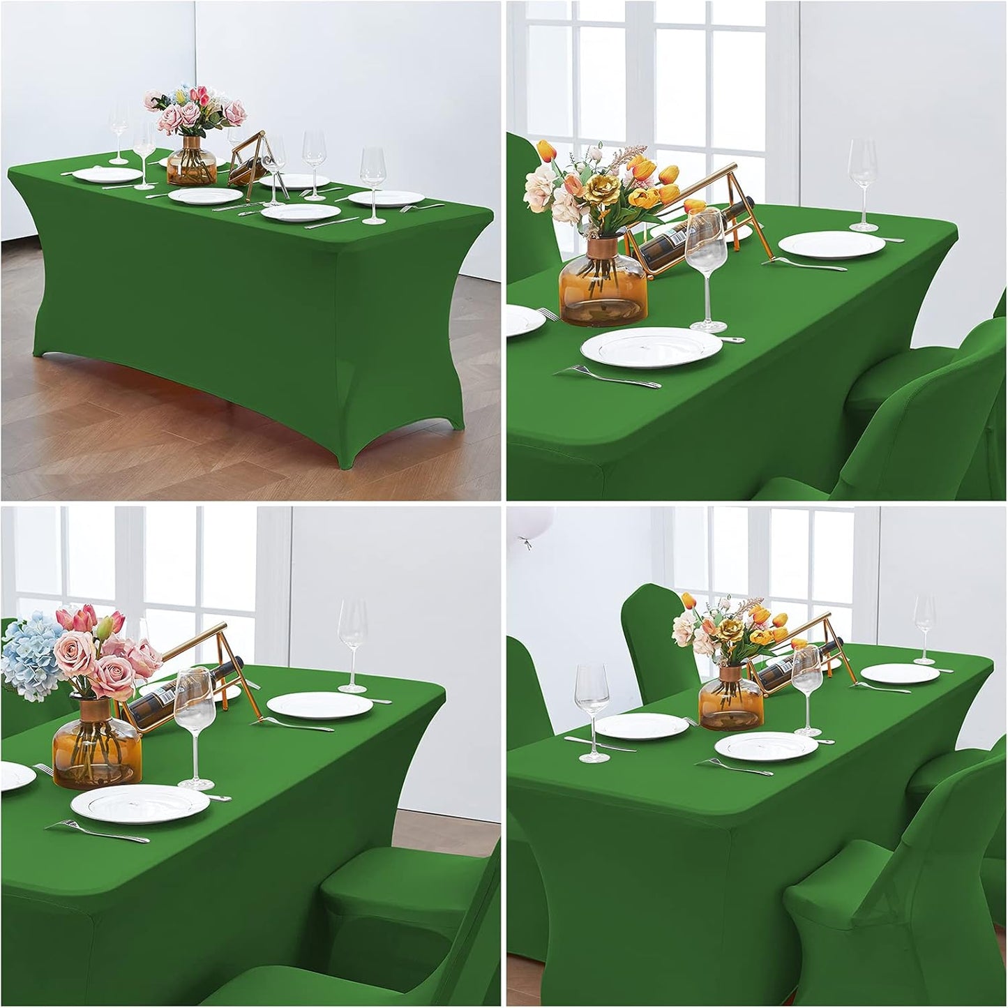 CWK 8FT Waterproof Stretch Spandex Table Cover for Rectangular Tables - Elastic Fitted Tablecloth for Folding Tables,Wrinkle Resistant Table Cloth for Parties, Weddings, Banquets & Events(Grass Green)