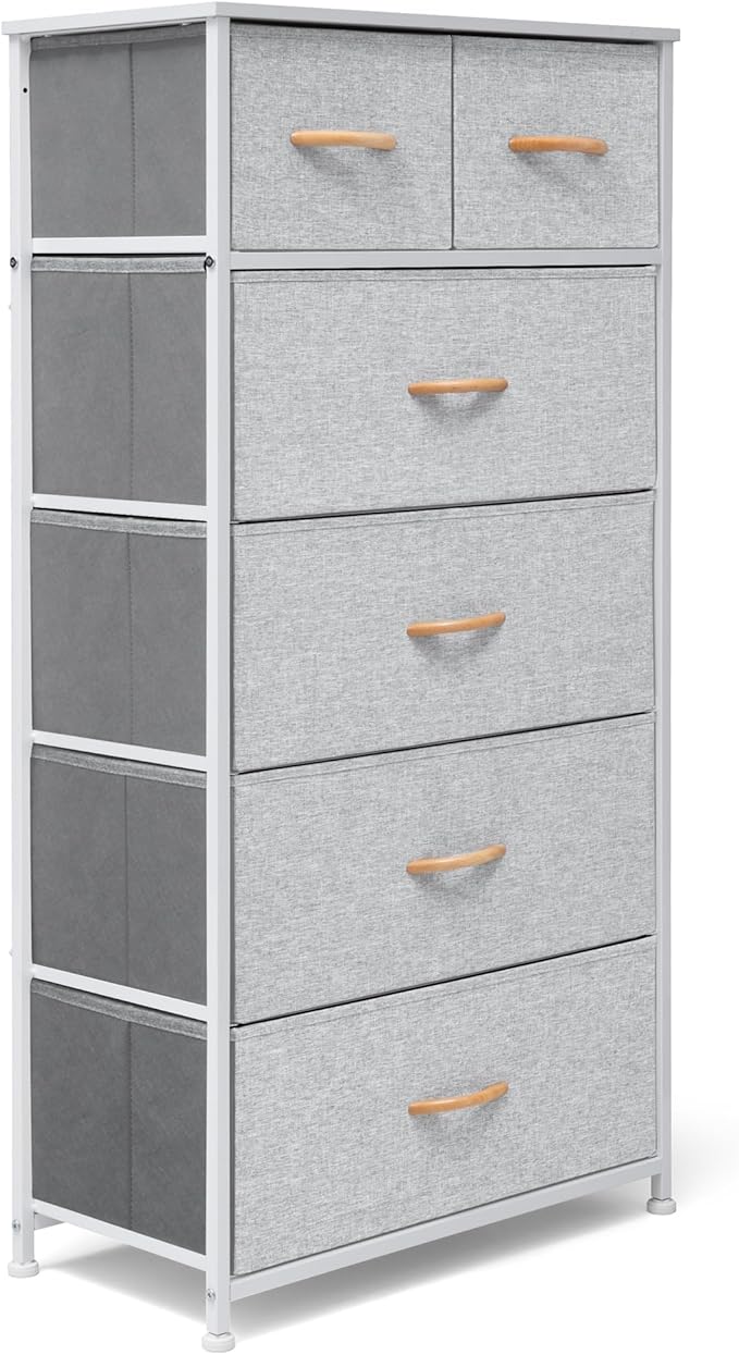 Fabric Dresser for Bedroom, Tall Skinny Dresser with 6 Drawers, Storage Organizer Tower, Steel Frame Wooden Top for Closet, Living Room, Hallway(Light Gray)