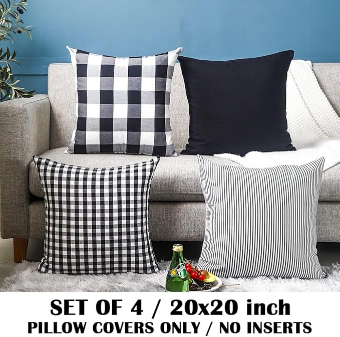 CARRIE HOME Buffalo Plaid Black Throw Pillow Covers 20x20 Set of 4 Decorative Black Outdoor Pillow Covers for Patio and Porch