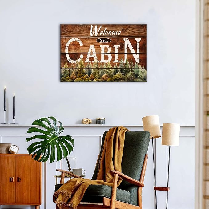 Cabin Wall Art Rustic Farmhouse Forest Wall Decor for Living Room Vintage Brown Wooden Grain Background Prints Welcome to our Cabin Picture Modern Artwork Bedroom Living Room Home Decorations 20x30"