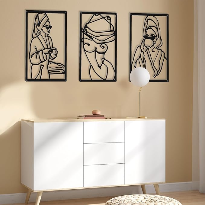 CHENGU 3 Pieces Metal Minimalist Abstract Woman Wall Art Line Drawing Wall Art Decor Single Line Female Home Hanging for Kitchen Bathroom Living Room