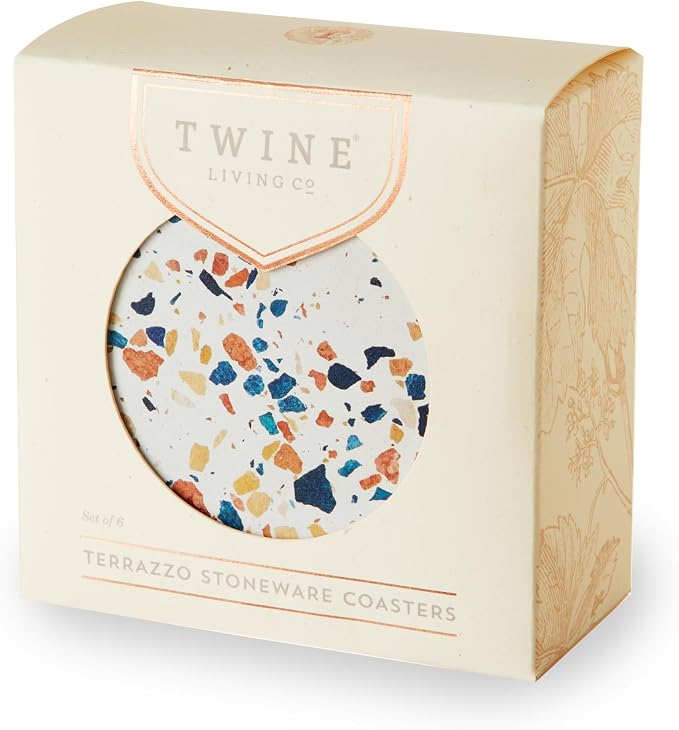 Twine Terrazzo Coasters, Stoneware Coaster Set, White Coasters with Stand, Coffee Table Decor, Set of 6, Multicolor