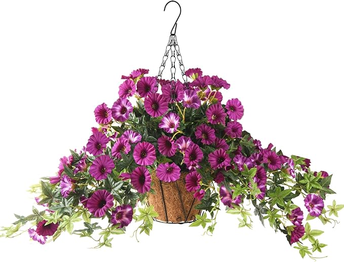 Artificial Fake Flowers Hanging Plants for Outdoor Spring Summer Decoration, 2Pcs Faux Petunias Realistic Silk Flower UV Resistant No Fade for Home Outside Garden Balcony Yard Porch Indoor (Fuchsia)