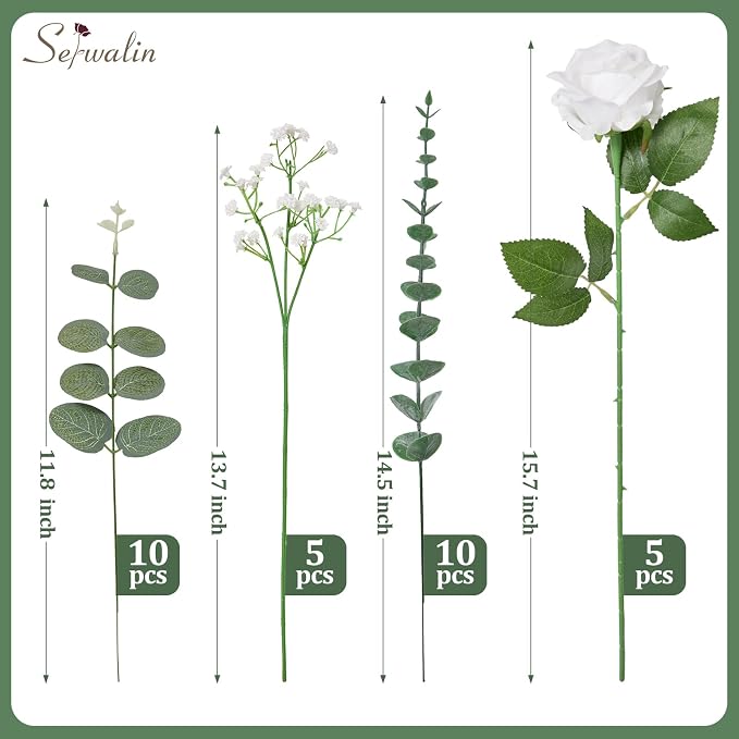 Serwalin 30 Pcs Mixed Eucalyptus Greenery Stems, White Silk Roses and Babys Breath Artificial Flowers for DIY Wedding Bouquets Home Party Arrangement Floral Vase Decor