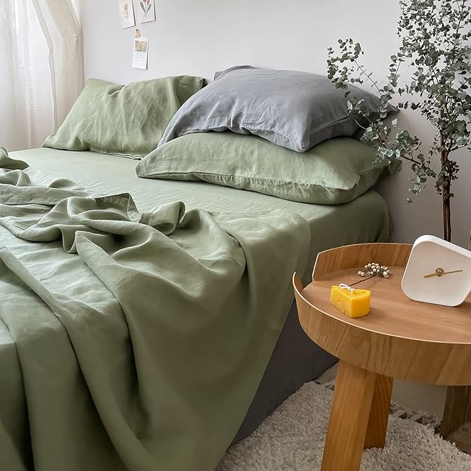Simple&Opulence 100% Linen Pillowcases Basic Style Solid Color Set of 2, King Size Stone Washed Flax Pillow Cover Envelope Closure (20''x40'', Sage Green)
