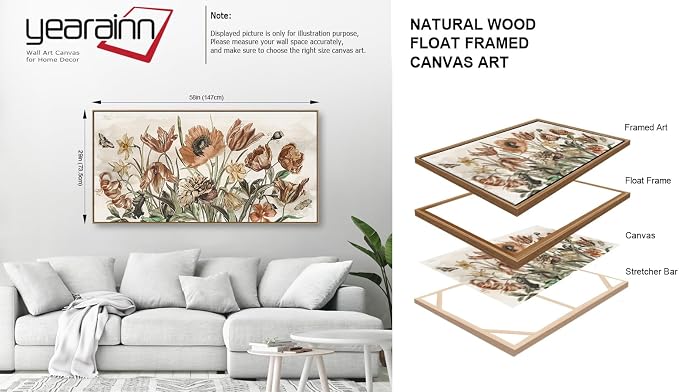 yearainn Rustic Floral Framed Wall Art - Warm Earthy Tones Flowers Canvas Pictures Wall Decor Farmhouse Painting Artwork Elegant Botanical Prints Living Room Home Decor Natural Wood Frame 58" x 29"