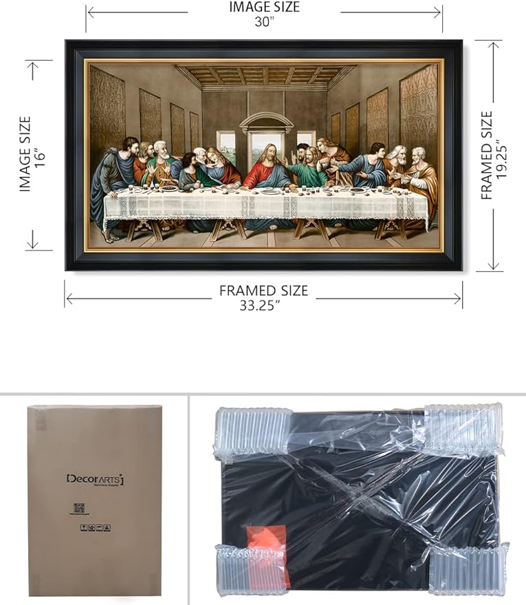 DECORARTS - The Last Supper by Leonardo Da Vinci Giclee Reproducation, Giclee Prints Acid Free Cotton Canvas with Matching Black Gold Solid Wooden Frame. Total Framed Size: 33 inch W x 19 inch H,Large