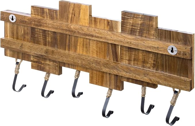 MyGift Wall Mounted Coat Rack, Premium Nautical-Style Wall-Mounted Acacia Wood Entryway Storage Rack with 6 Rope and Matte Black Metal Hooks