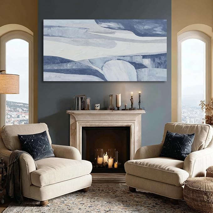 Hue7Art Modern Abstract Canvas Wall Art Blue and White Minimalist Landscape Painting, Soft Flowing Texture Artwork for Living Room Bedroom Office Hallway Wall Decor 24x48 Inch