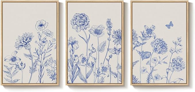 Framed Neutral Chinoiserie Blue Botanical Wall Art, 3 Piece Minimalist Floral Canvas Artwork for Modern Farmhouse, Flower Painting Prints for Living Room Bedroom Kitchen Office Dining Room, 20x30 In