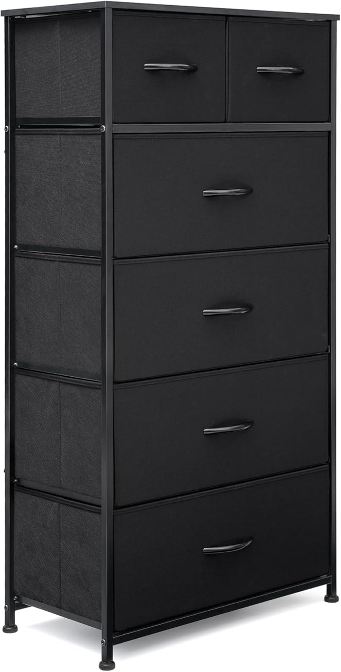 Fabric Dresser for Bedroom, Tall Skinny Dresser with 6 Drawers, Storage Organizer Tower, Steel Frame Wooden Top for Closet, Living Room, Hallway, Nursery(Black)