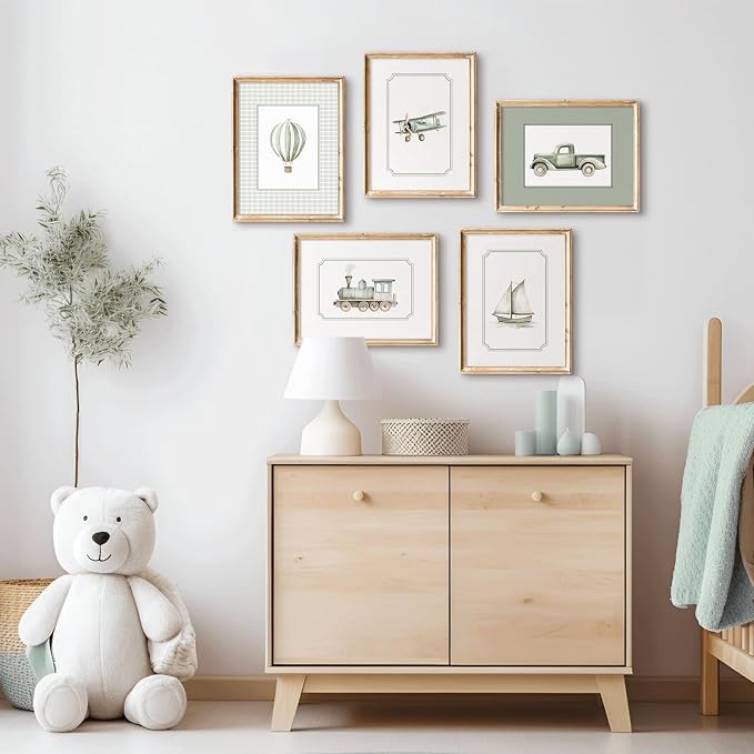 Sage Green Nursery Wall Art Boys Room Canvas Poster Kids Wall Decor Vintage Vehicle Prints Baby Toddler Pictures Transportation Plane Painting Train Truck Artwork for Bedroom 12x16 Inch Unframed
