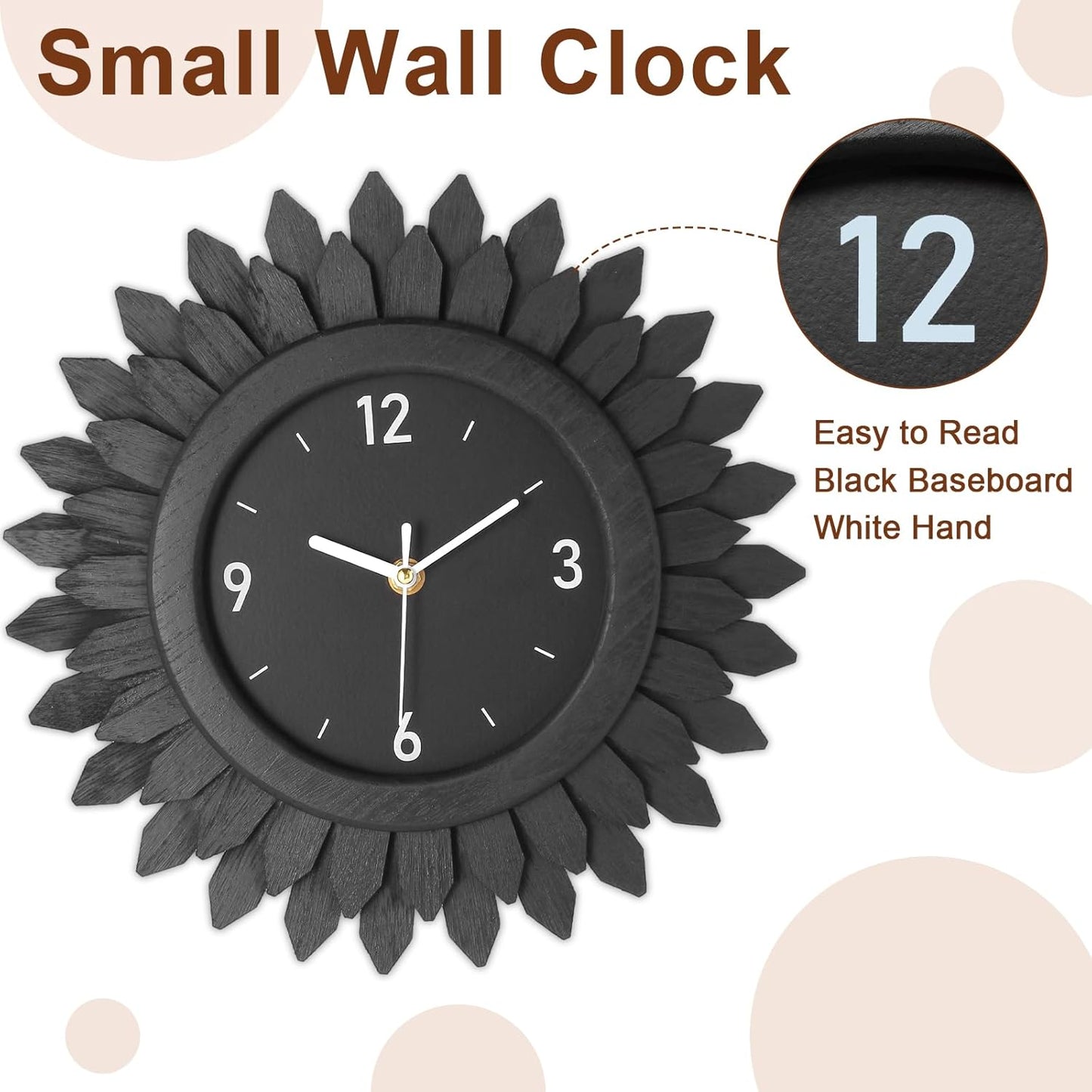 Honiway Wall Clock Battery Operated 12 Inch Rustic Wooden Boho Sunburst Decorative Wall Clock Silent Non-Ticking Black Wall Decor Clocks for Living Room Kitchen Bathroom Bedroom (Black)