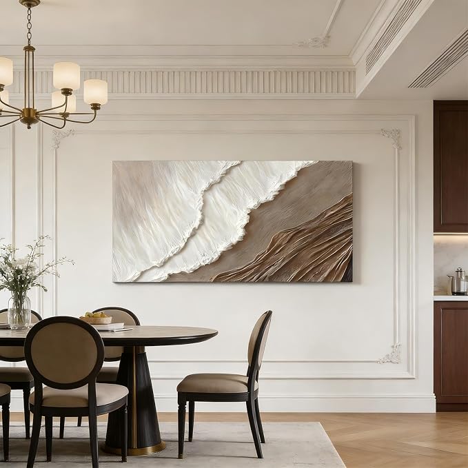 Kabcod 3D Textured Sand Beach Waves Wall Art Large Size White Brown Abstract Coastal Painting Artwork Ocean Wave Beach Landscape Oil Painting for Living Room Bedroom Decor 24X48in Ready To Hang
