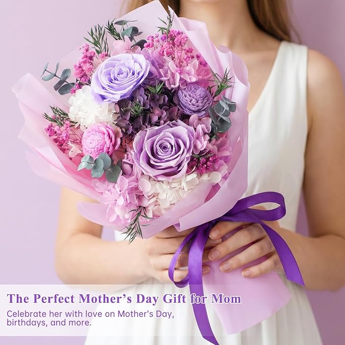 Flowers for Delivery, Preserved Flowers Bouquets – 4 Eternal Purple Roses that Last 2-3 Years,Gift for Mom Grandma Wife on Mother's Day,Forever Birthday Gifts for Women,Home Decor