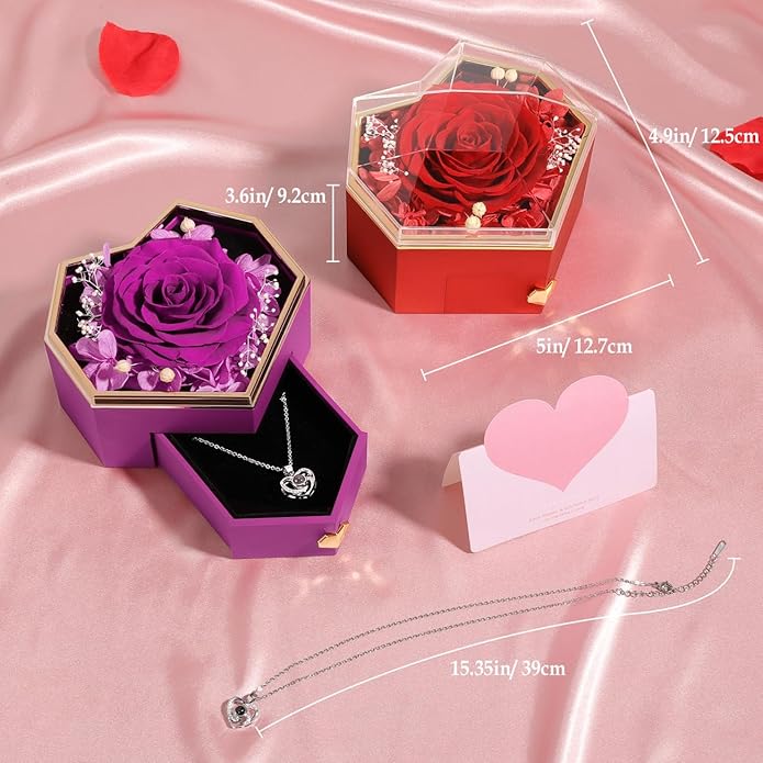 Emibele Preserved Rose Gifts for Women, Eternal Flower Rose Box with Heart Necklace, Romantic I Love You Gifts for Women Her Wife Mom Grandma on Valentines Mothers Day Birthday Anniversary