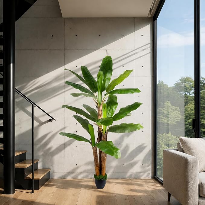 6FT Banana Tree Artificial Plant Fake Banana Leaf Plant Faux Tropical Plants Large Fake Plants Indoor in Black Pot for Living Room Bedroom Office Patio Balcony Home Decor (with Faux Moss)
