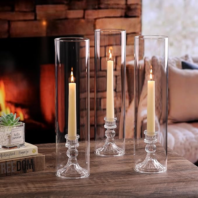 6 Set Hurricane Glass Candle Holders for Taper Candles, Vertical Striped Candlestick Holders with Windproof Glass Tubes 13.4" H for Wedding, Dinner Table Centerpieces, Festival and Party Decor