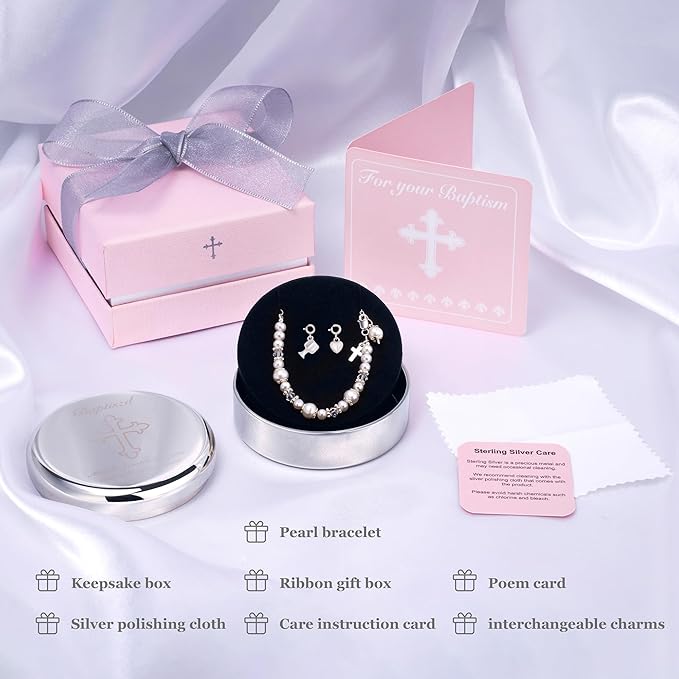 Tryuunion Baptism Bracelet in Sterling Silver and Cultured Pearls for Baby Girls, Comes with a Unique Silver-plated Jewelry Keepsake Box, Christening and Baptism Gifts For Girl, Includes 3 Charms