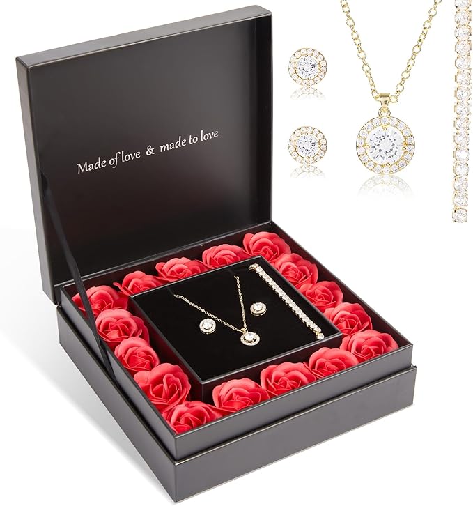 WDS WONDROUS Preserved Rose Jewelry Set for Women, 4-Piece Red Rose Gift Box with Necklace Earrings Bracelet, Valentines Day Anniversary Birthday Gift for Her Wife Girlfriend Mom